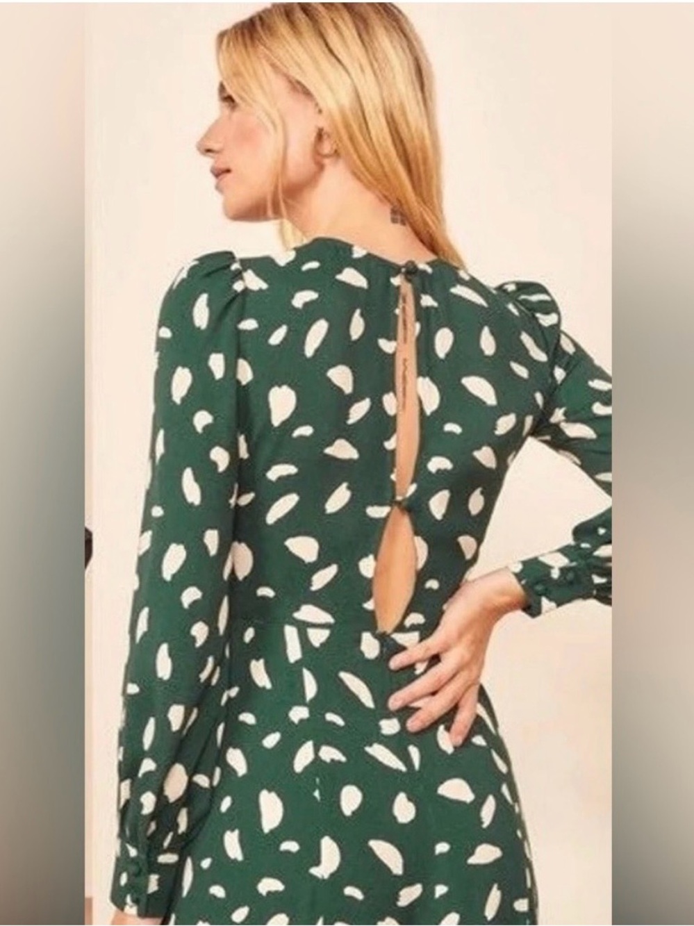 Reformation Green & White Printed Long Sleeve Dress